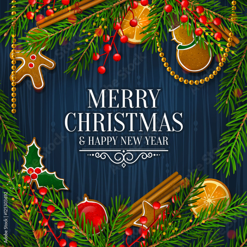 Christmas card with garland made from fir branches, red berries, gingerbreads, cinnamon, orange, pearls. Blue background. Vector.