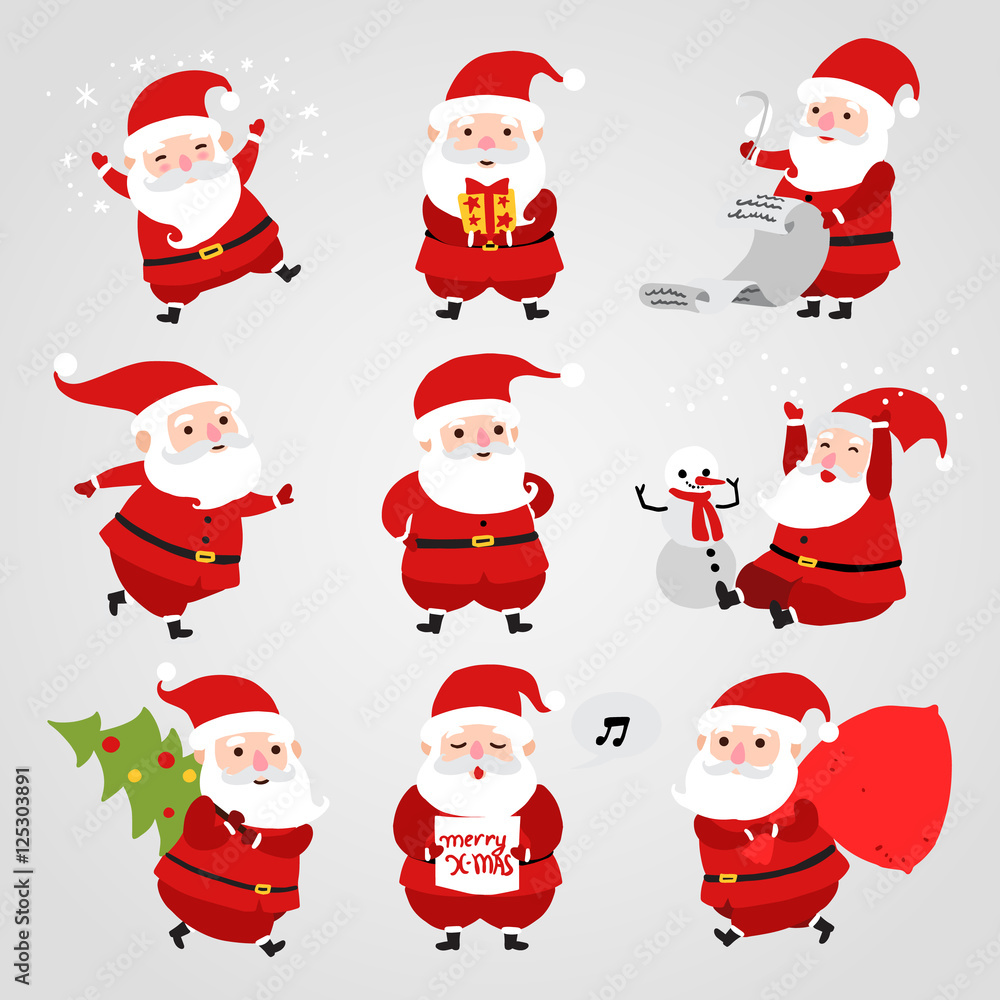 Collection of christmas santa claus icons isolated on white background. Santa claus vector illustration for christmas card, online shopping. Cartoon Santa with tree and gifts for children. Collection of christmas santa claus icons isolated on white background. Santa claus vector illustration for christmas card, online shopping. Cartoon Santa with tree and gifts for children.