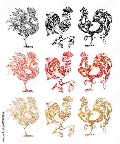 Set of roosters icon isolated on white background for greeting cards. Rooster vector illustration eps10 format.