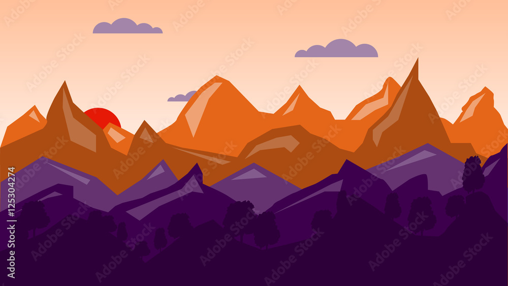 Colorful mountain background, sunrise time. Vector illustration 
