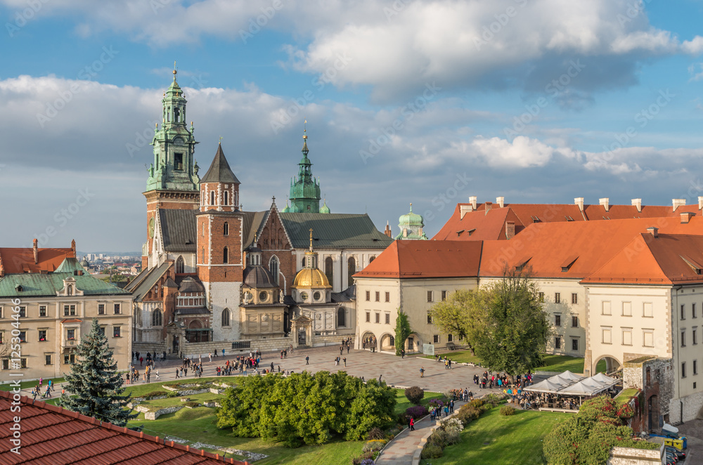 Wawel Castle and Wawel cathedral seen from the Sandomierska tower on sunny afternoon