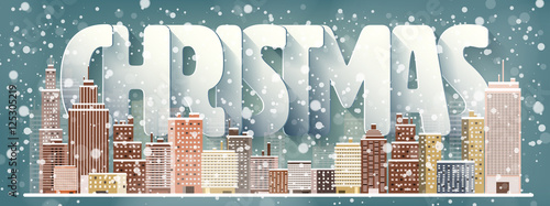 Vector illustration. Winter urban landscape. City with snow. Christmas and new year. Cityscape. Buildings.