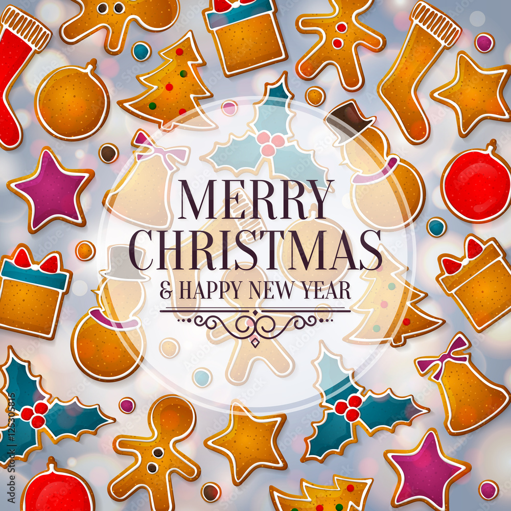 Christmas abstract tree made from gingerbread cookies. Background with bokeh lights. Vector.