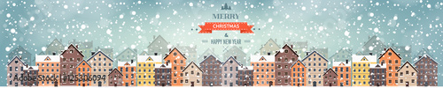 Vector illustration. Winter urban landscape. City with snow. Christmas and new year. Cityscape. Buildings.