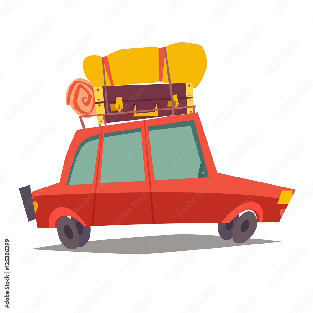 Fototapeta premium Car for traveling vector. Red car, vehicle transport with baggage. Car for family trip, side view. Cartoon style illustration, isolated on white background