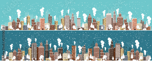 Vector illustration. Winter urban landscape. City with snow. Christmas and new year. Cityscape. Buildings.