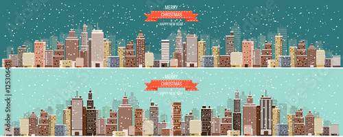 Vector illustration. Winter urban landscape. City with snow. Christmas and new year. Cityscape. Buildings.