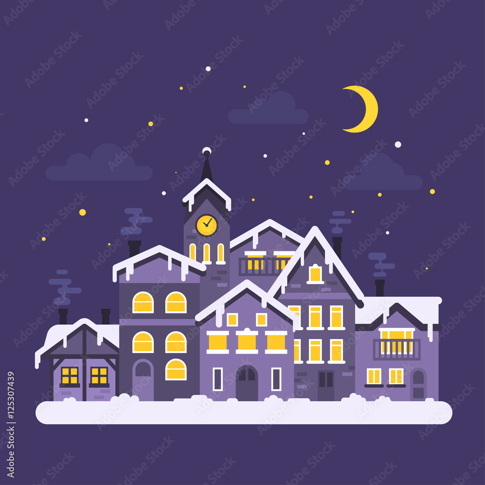 Vector flat style illustration of christmas winter night city.