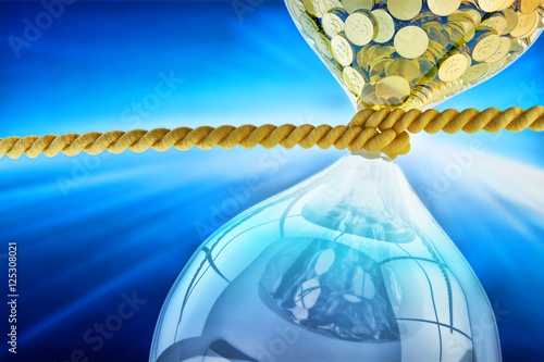 Tight budget and money economy, investment disabling, finance and business concept, hourglass with gold coins tighten with the rope on blue background © Cybrain