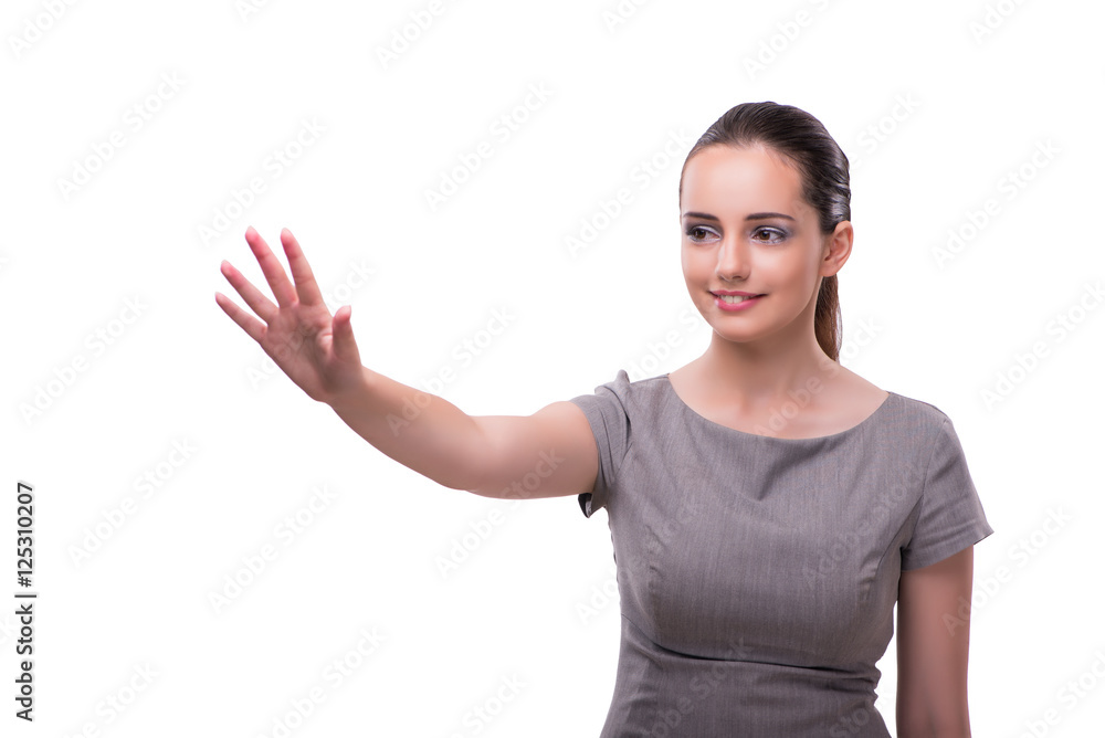 Young businesswoman pressing virtual button isolated on white Young businesswoman pressing virtual button isolated on white