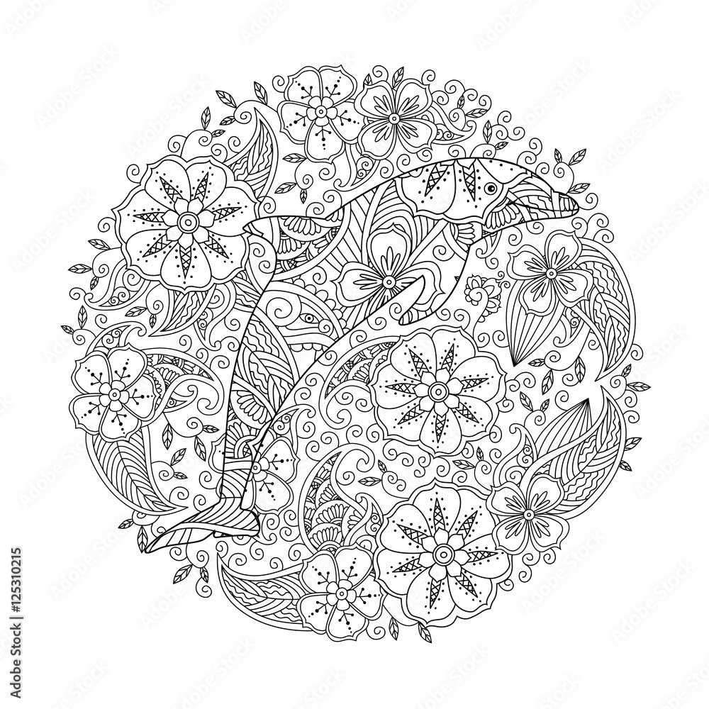 Obraz premium Coloring page with dolphin in floral circle