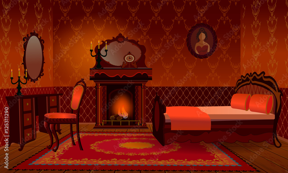 Vintage cartoon interior design of house room: bedroom with fireplace.  Stock Vector | Adobe Stock