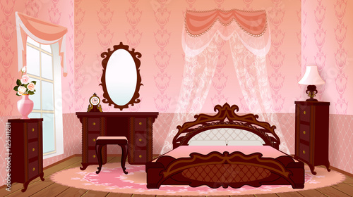 Interior bedroom in italian old style. Vintage cartoon house room.