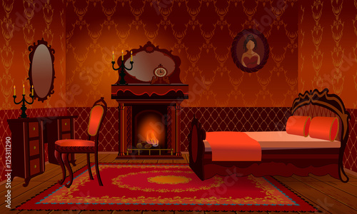 Vintage cartoon interior design of house room: bedroom with fireplace.