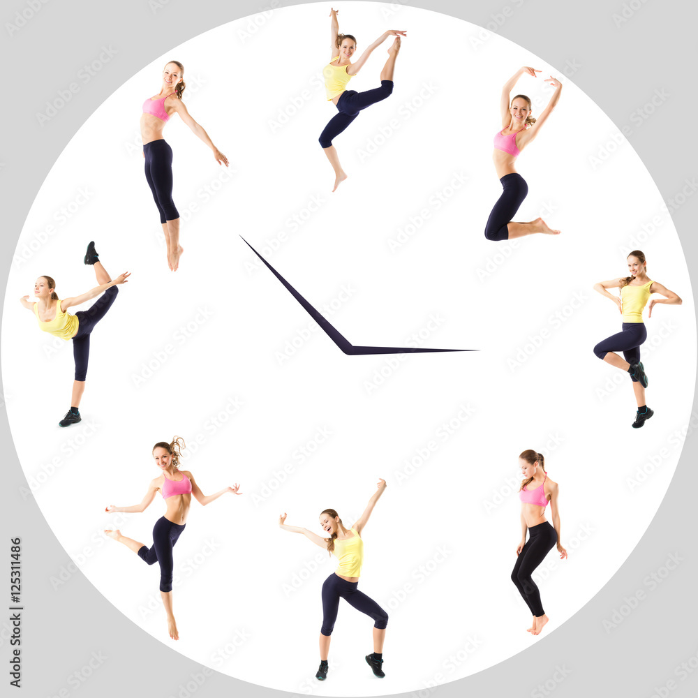 Young girl with perfect sports figure in the circle watch. Sport concept - fitness time.