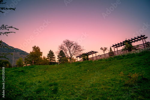 Colorfull panorama on autumn, with yellow tree and colored sky