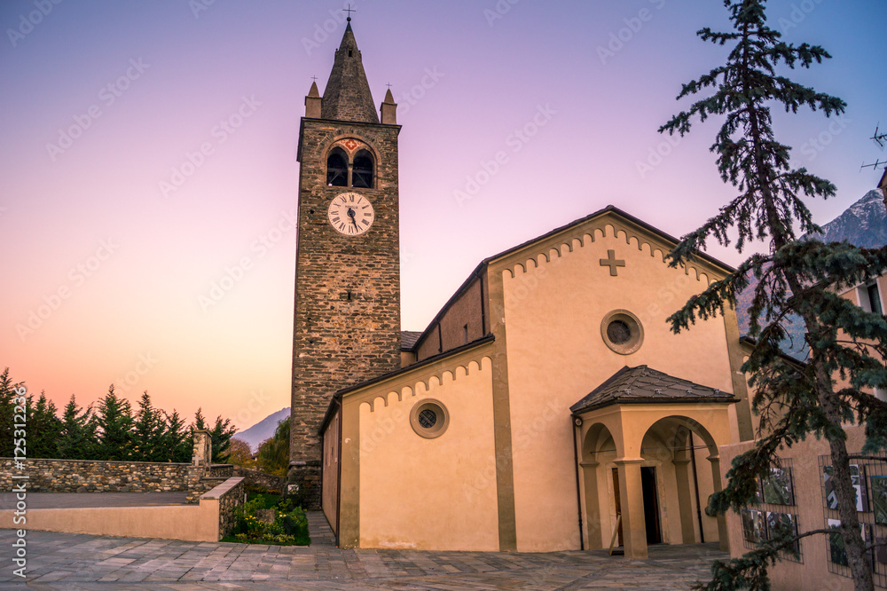 church bell tower, autumn colors during the sunset