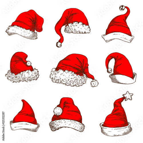 Christmas red hat or cap of Santa and elf icon set