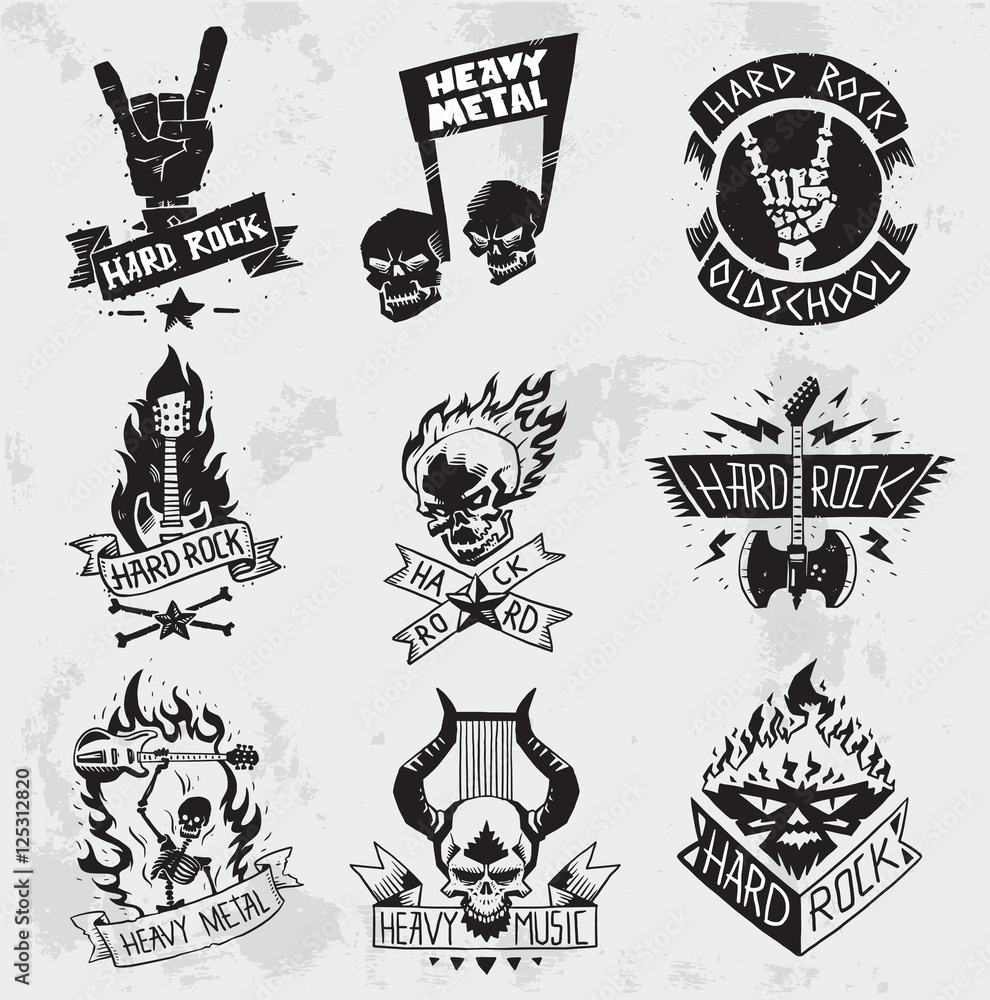 Fototapeta premium Heavy Metal rock badges vector set.