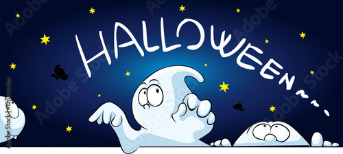 horizontal halloween banner with cute ghost peeking - vector cartoon illustration