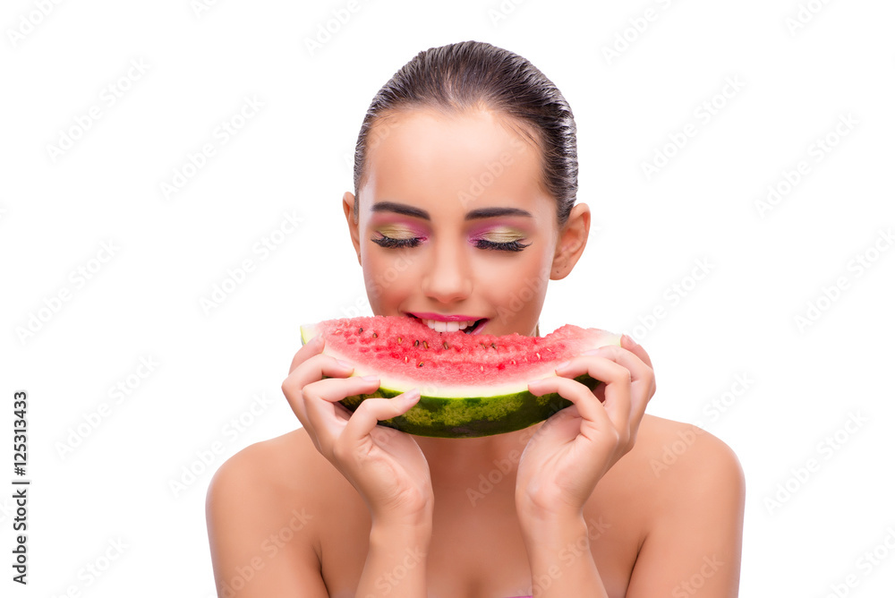 Beautiful woman with watermelon isolated on white Beautiful woman with watermelon isolated on white