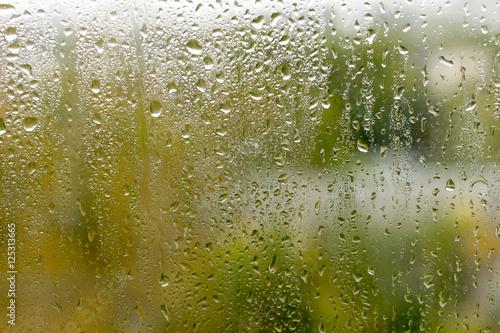 Rainy day. Water drops on window glass.