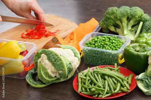 Chef cutting bell pepper fo...