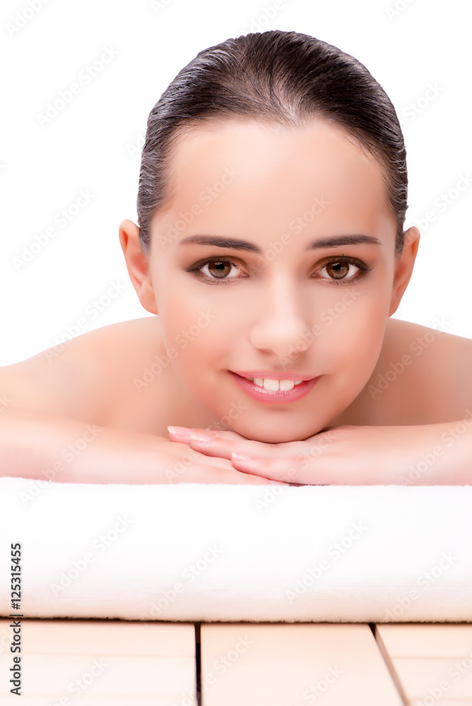 Young beautiful woman in health concept on white background Young beautiful woman in health concept on white background