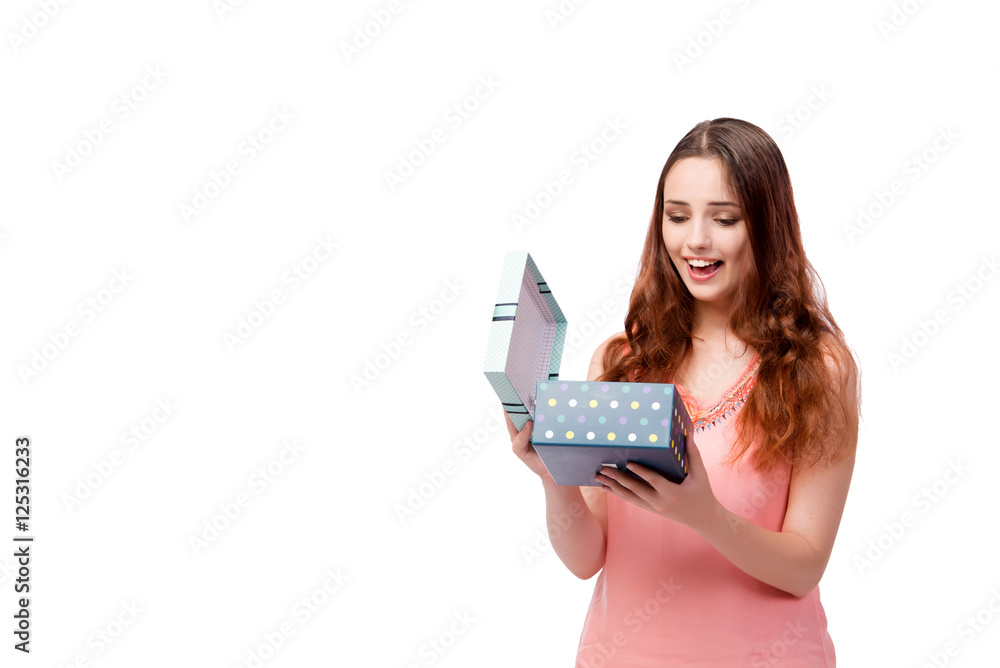 Young woman with giftbox isolated on white Young woman with giftbox isolated on white