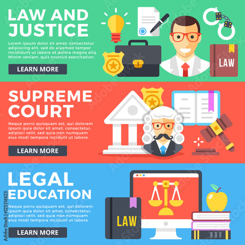 Law and justice, supreme court, legal education flat illustration concepts set. Flat design graphic elements for web banners, web sites, printed materials, infographics. Modern vector illustrations