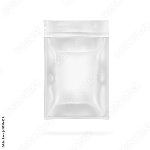 White Blank Filled Foil Pouch Bag Plastic Packaging With Zip Lock. EPS10 Vector