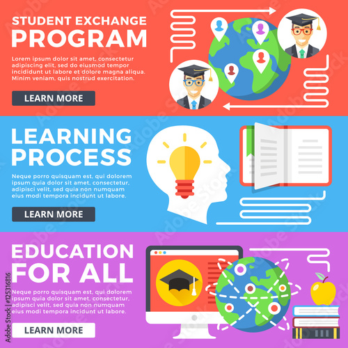 Student exchange program, learning process, education for all flat illustration concepts set. Flat design graphic for web banners, printed materials, web site, infographics. Modern vector illustration