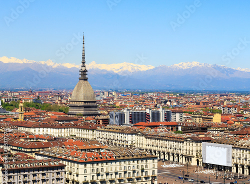 View of Turin city center with landmark of Mole Antonelliana, Tu