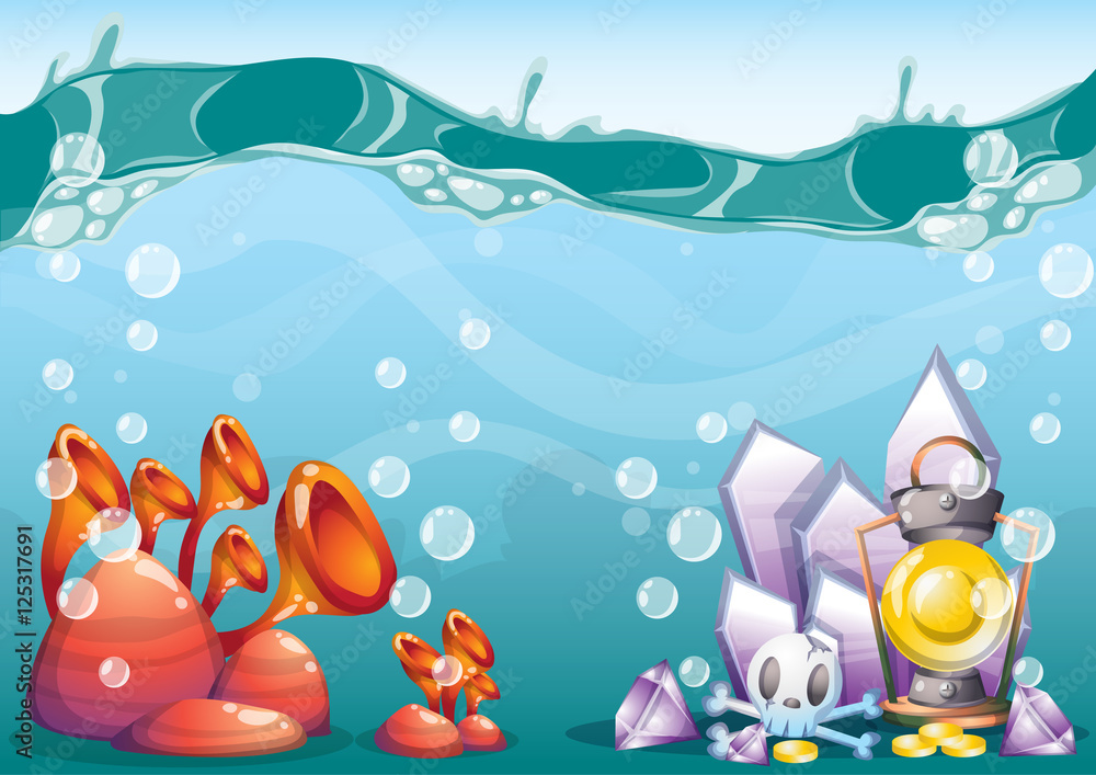 Obraz premium cartoon vector underwater treasure background with separated layers for game art and animation game design asset in 2d graphic