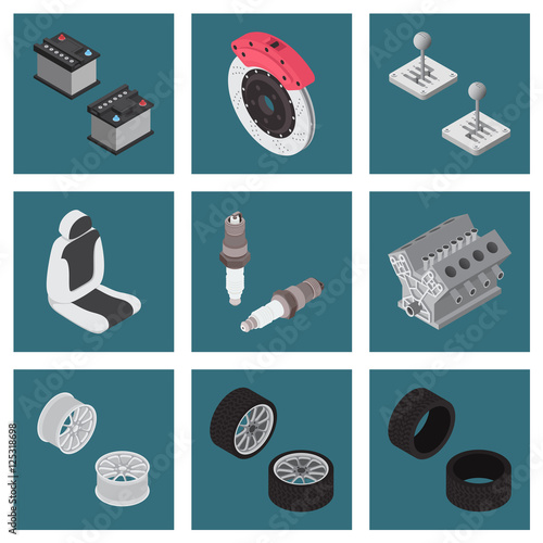 Car Parts icon set Isometric Vector Illustration
