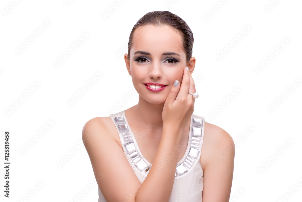 Young woman showing off her jewellery isolated on white Young woman showing off her jewellery isolated on white
