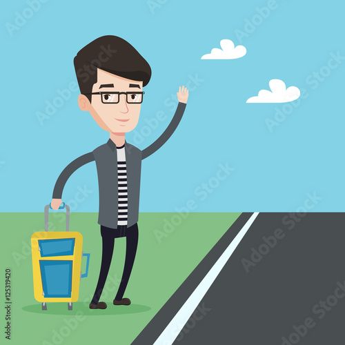 Young man hitchhiking vector illustration.