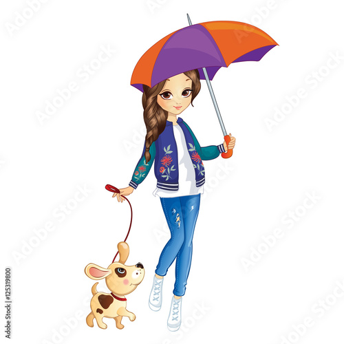 Girl With Umbrella And Dog