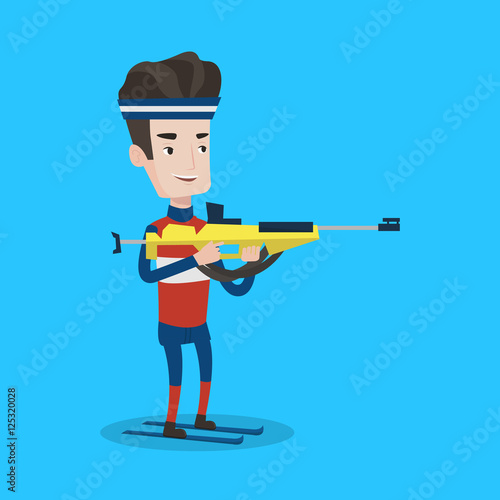 Cheerful biathlon runner aiming at the target.