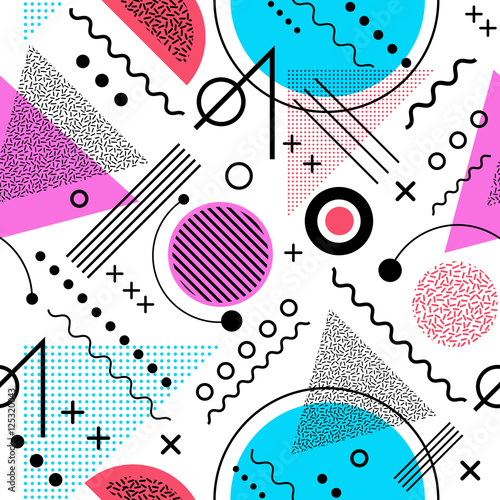 Seamless 1980s inspired graphic pattern of lines and geometric shapes. memphis style
