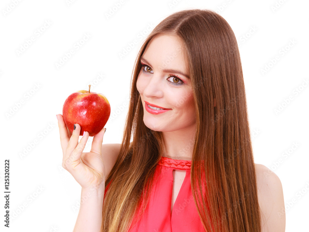 Woman charming girl colorful makeup holds apple fruit Woman charming girl colorful makeup holds apple fruit