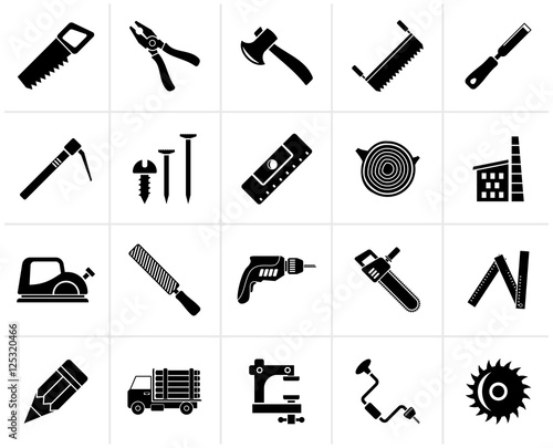 Black Carpentry, logging and woodworking icons - vector icon set