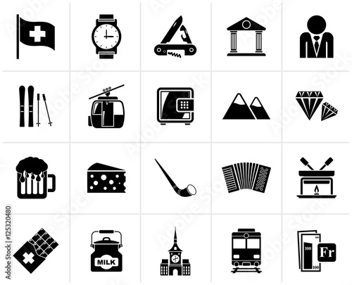 Black Switzerland industry and culture icons  - vector icon set