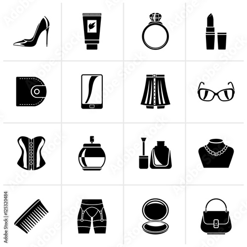 Black Female accessories and clothes icons- vector icon set
