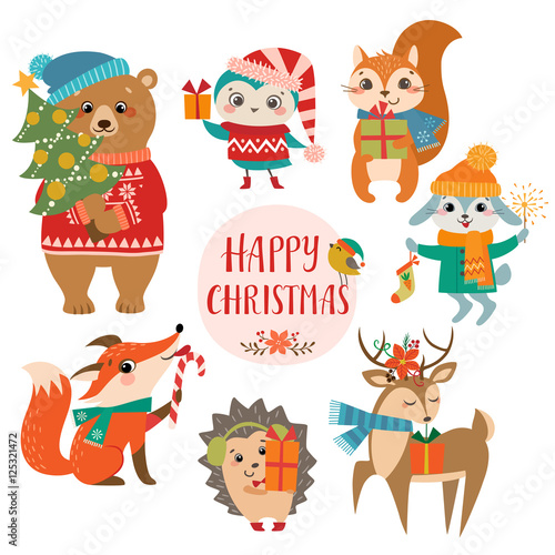 Set of cute forest animals with Christmas presents.