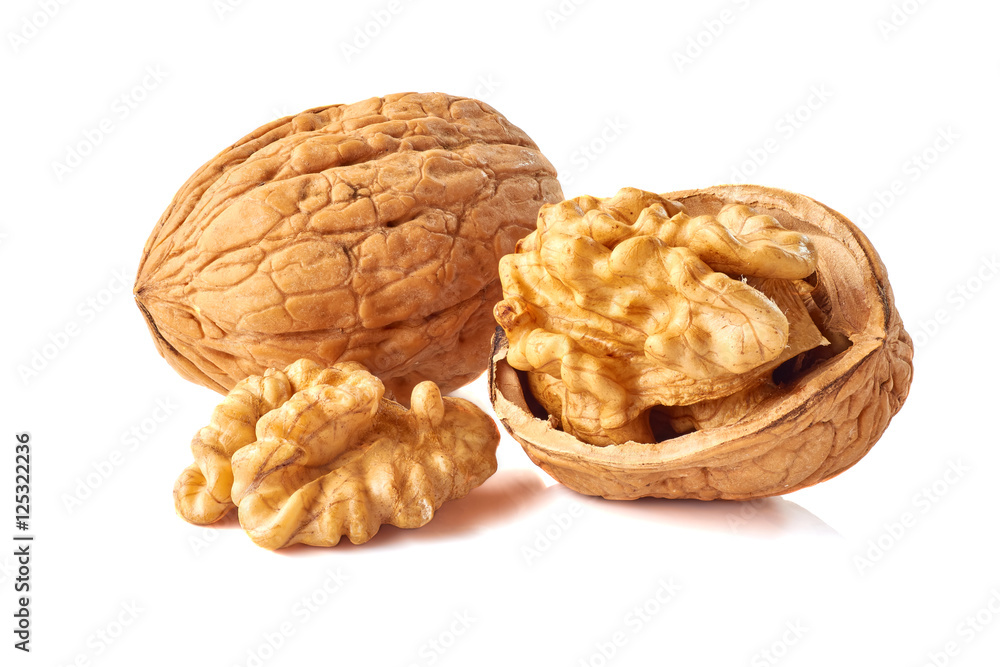 Kernel and whole walnut on white