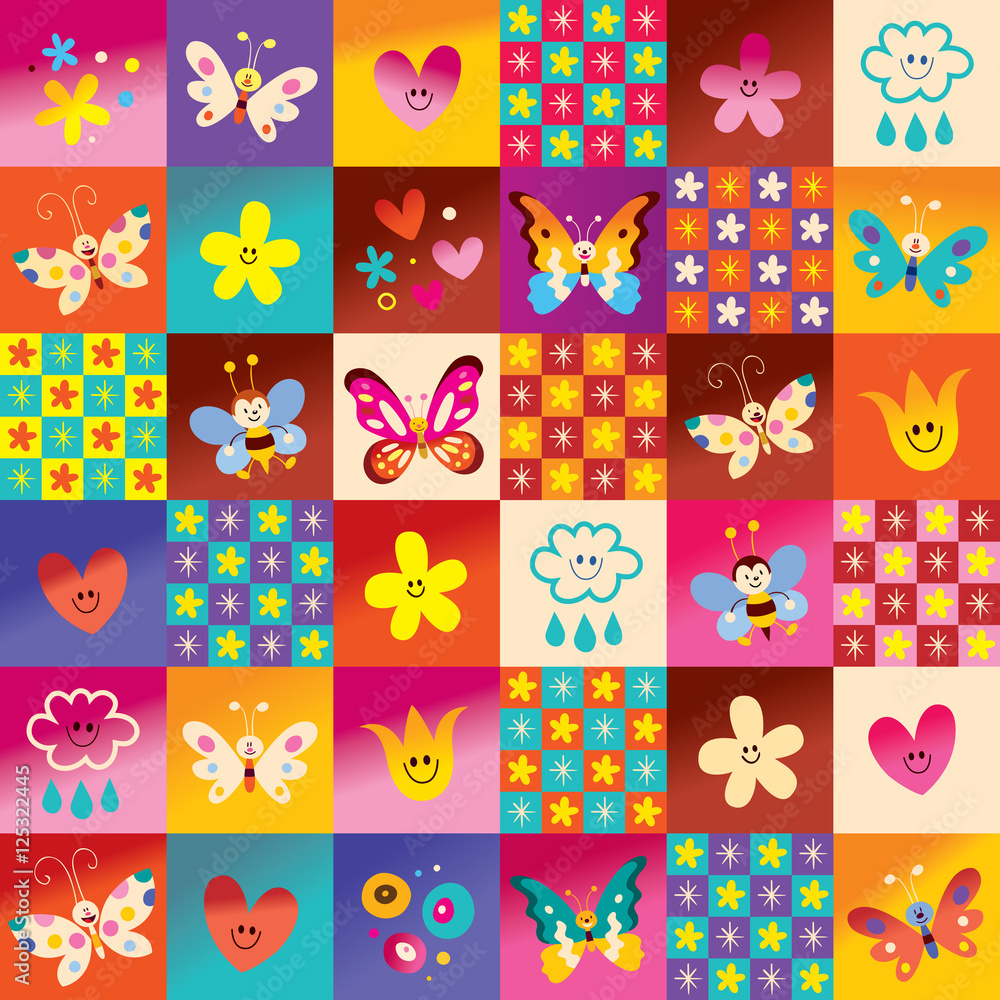 Fototapeta premium cute butterflies flowers bees nature pattern