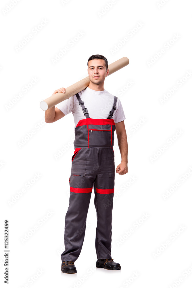Plumber with plastic pipe isolated on white Plumber with plastic pipe isolated on white