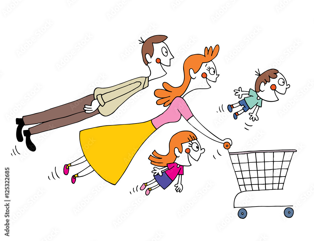 family of four shopping with shopping cart - humorous funny cartoon  illustration Stock Vector | Adobe Stock