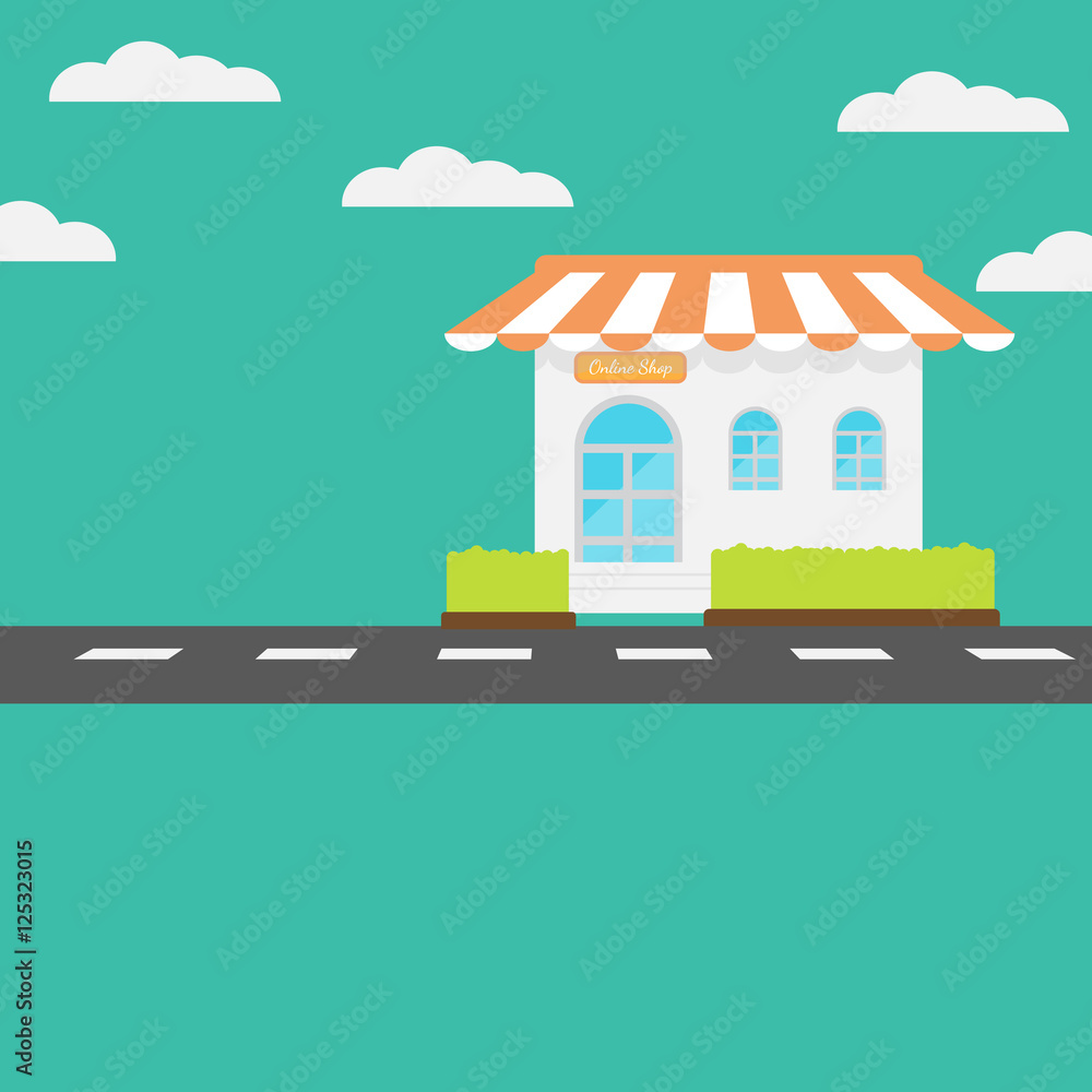Shop on-line Flat design vector illustration concept for online ordering goods, e-commerce, laptop online shopping